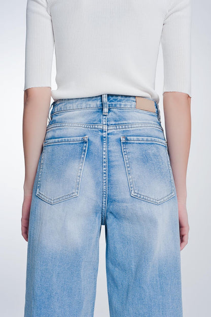 Wide Leg Cropped Raw Hem Jeans in Light Blue for Casual Style