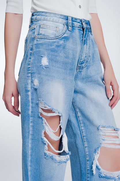 Wide Leg Cropped Raw Hem Jeans in Light Blue for Casual Style