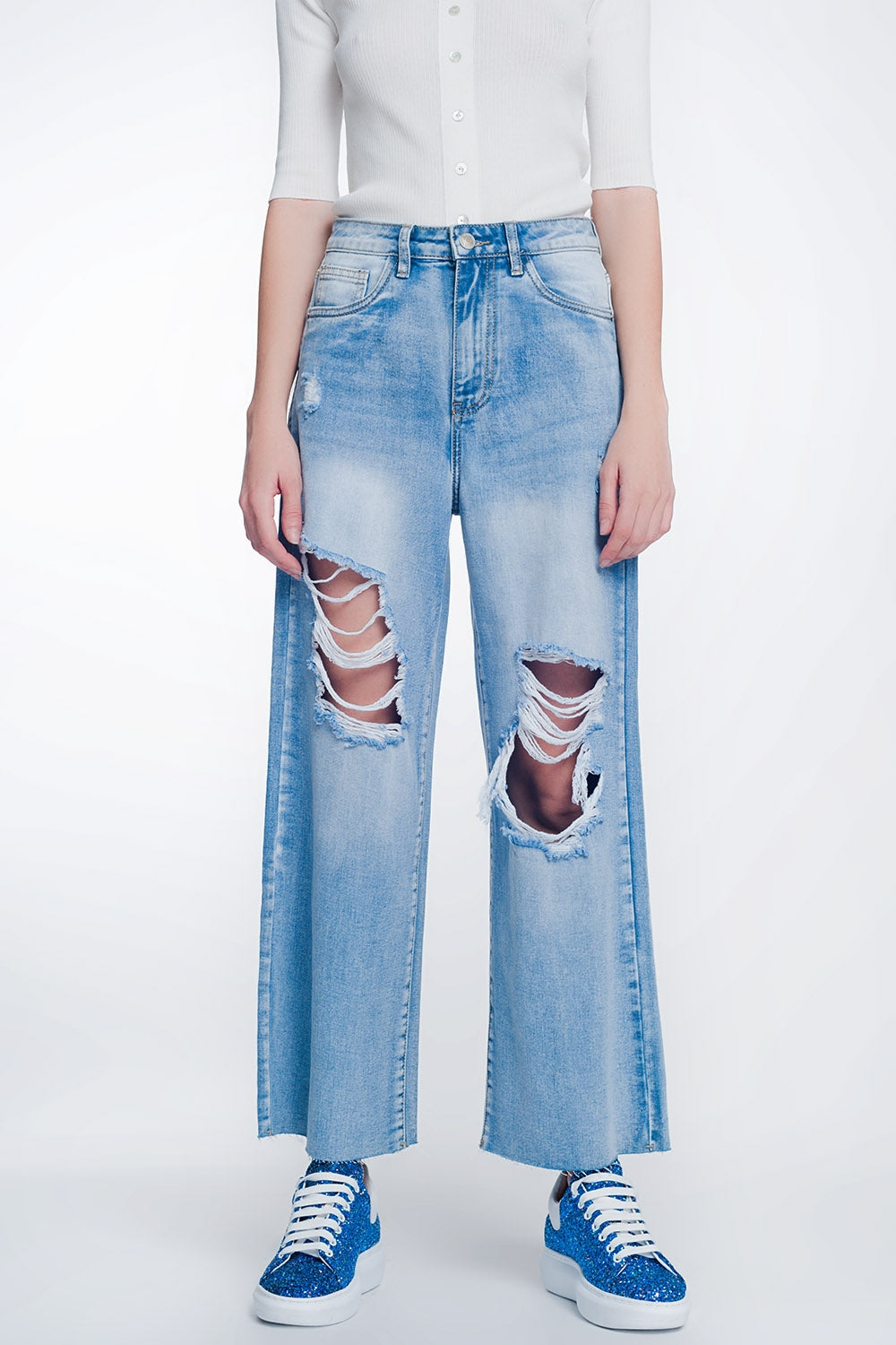 Wide Leg Cropped Raw Hem Jeans in Light Blue for Casual Style