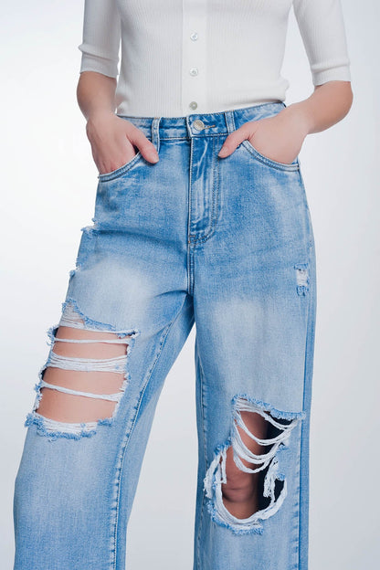 Wide Leg Cropped Raw Hem Jeans in Light Blue for Casual Style