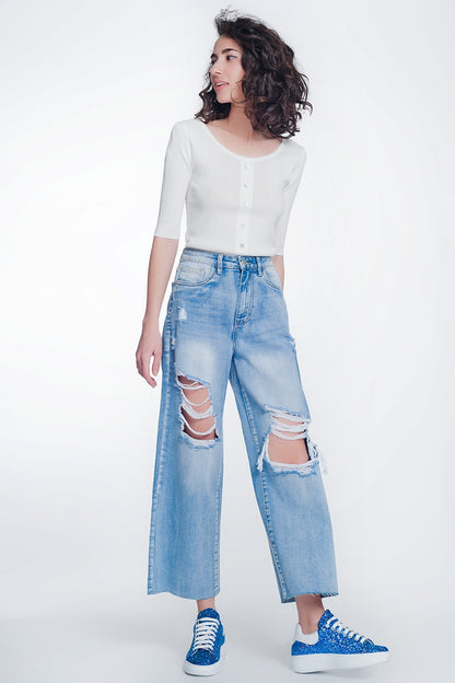 Wide Leg Cropped Raw Hem Jeans in Light Blue for Casual Style