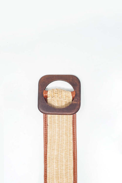 Wide Square Buckle Waist Belt in Beige with Contrast Stitching