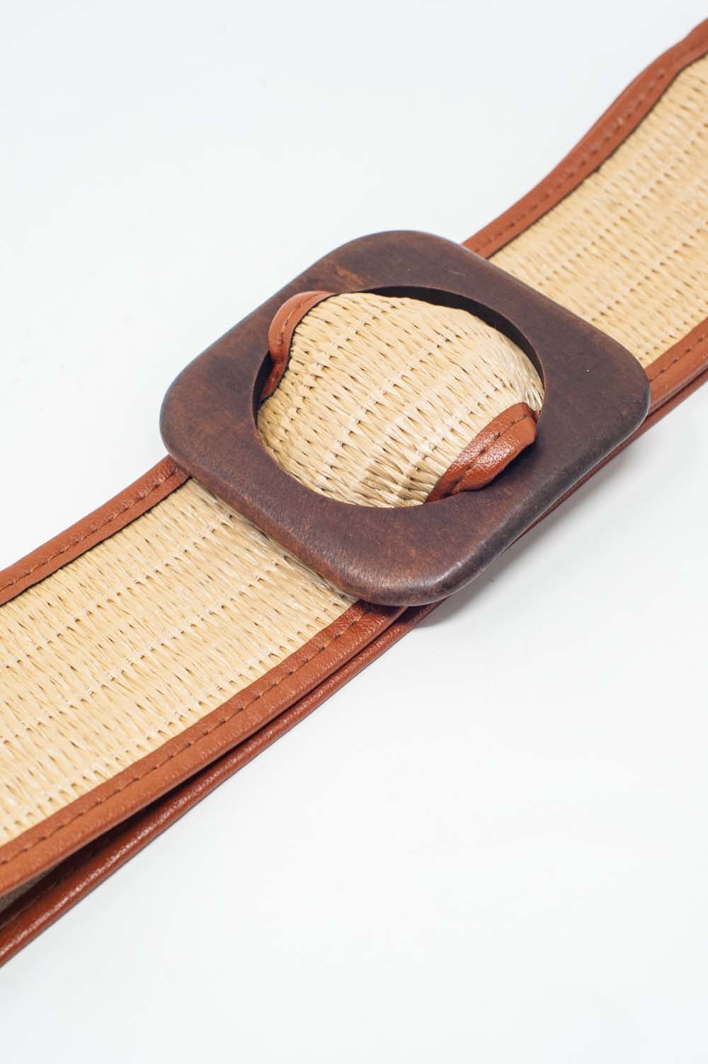 Wide Square Buckle Waist Belt in Beige with Contrast Stitching