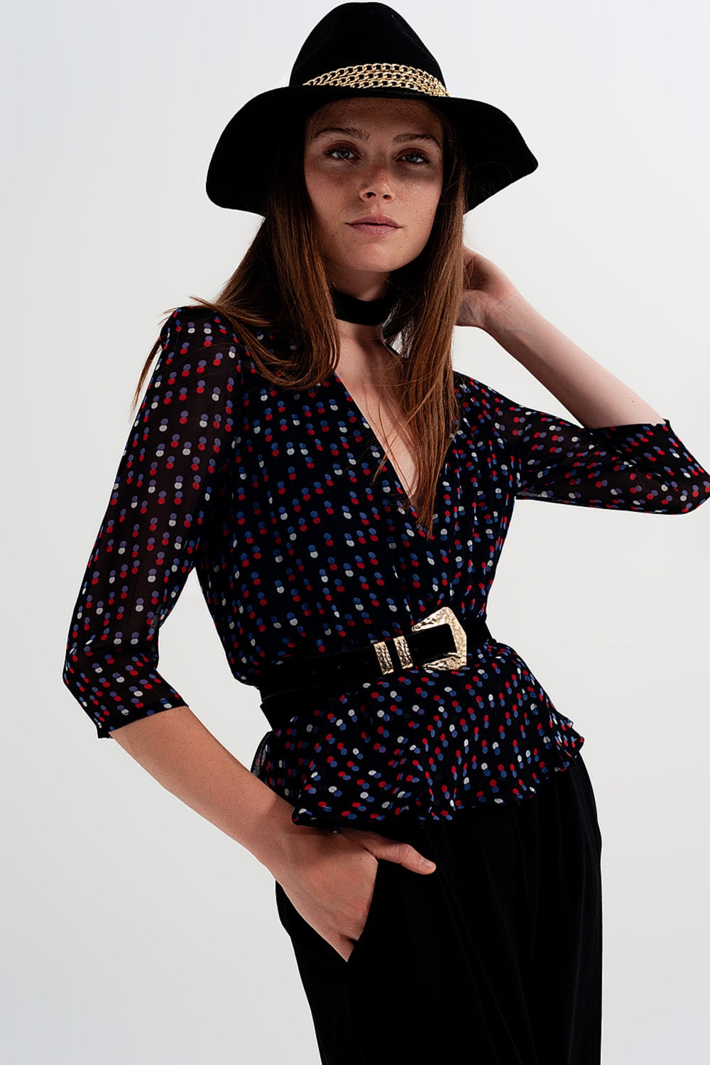 Elegant Wrap Polka Dot Chiffon Top in Black with Frill Hem