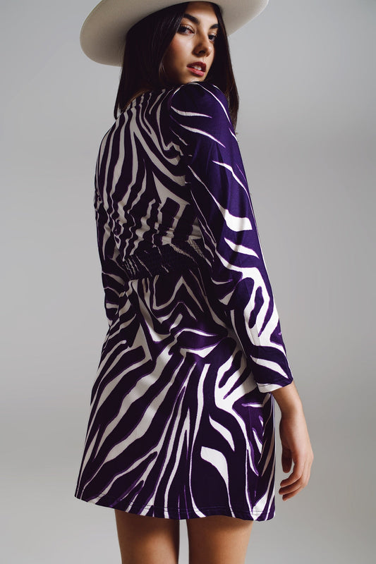 Wrapped Long Sleeve Dress With Belt in Cream Purple Zebra