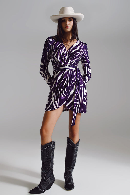 Wrapped Long Sleeve Dress With Belt in Cream Purple Zebra