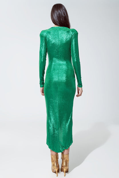 Wrapped Party Dress With Plunge Neckline in Metallic Green Maxi