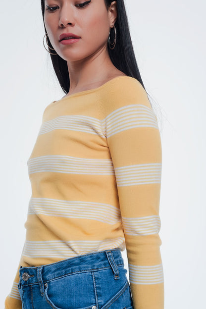 Yellow Striped Sweater With Boat Neck for Effortless Style