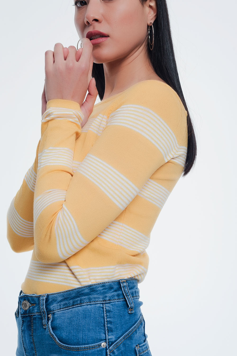 Yellow Striped Sweater With Boat Neck for Effortless Style