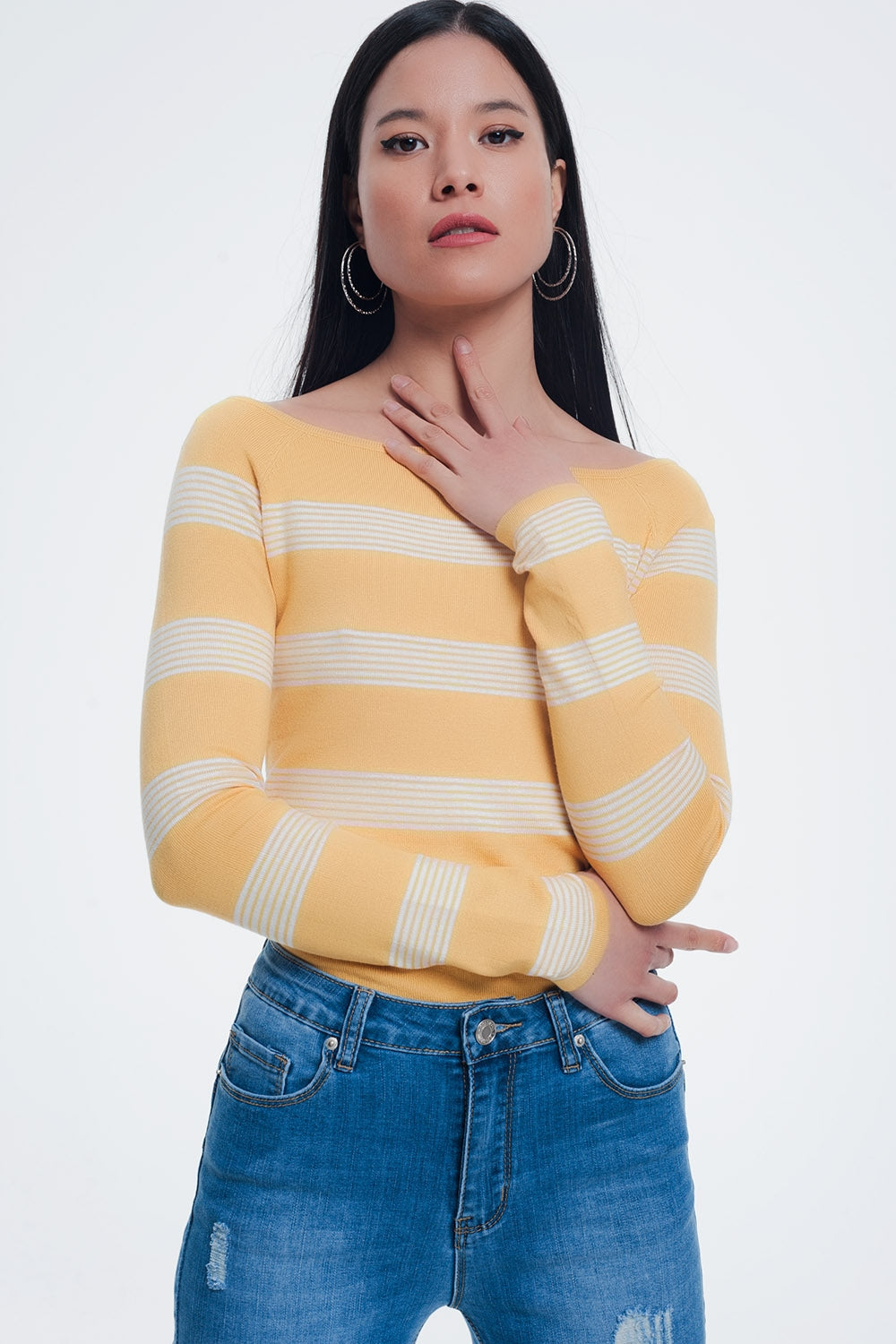 Yellow Striped Sweater With Boat Neck for Effortless Style