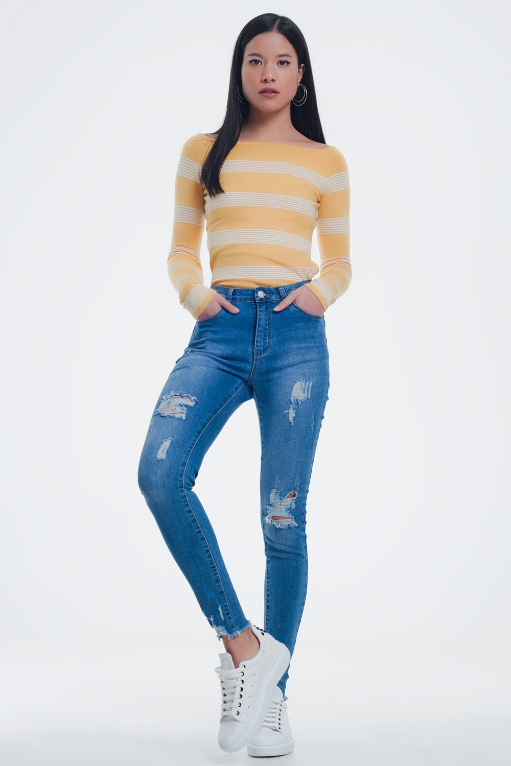 Yellow Striped Sweater With Boat Neck for Effortless Style