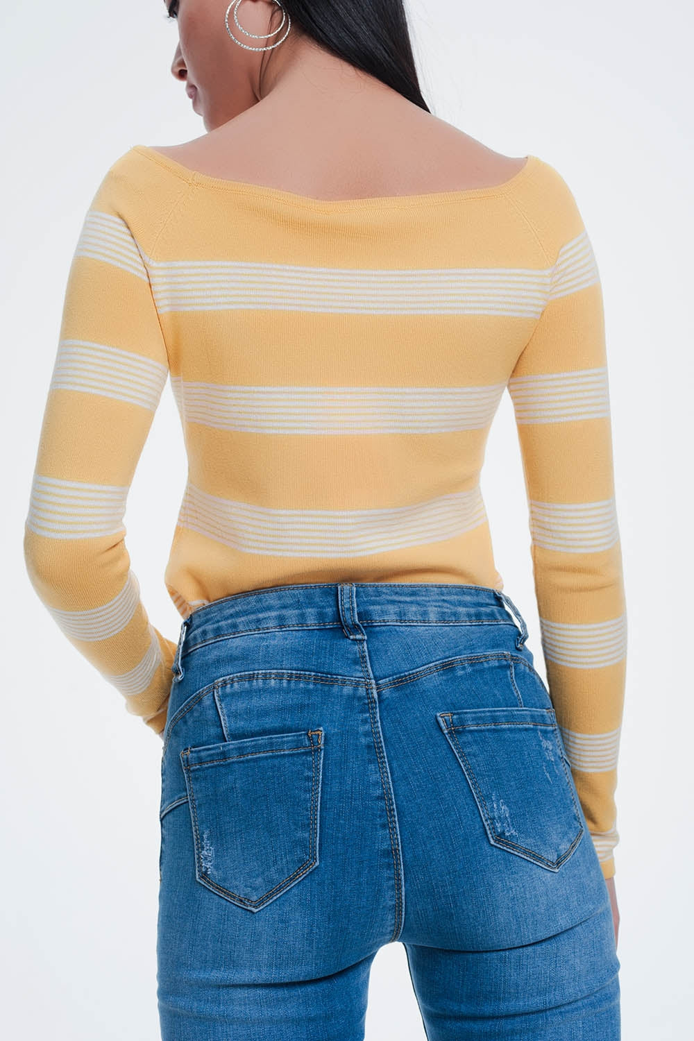 Yellow Striped Sweater With Boat Neck for Effortless Style