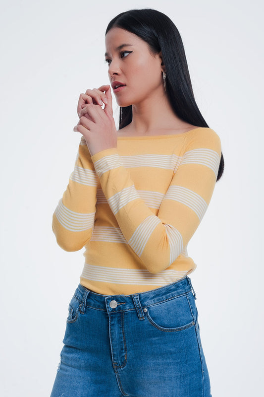 Yellow Striped Sweater With Boat Neck for Effortless Style