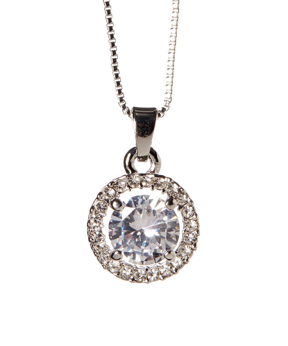 Round Halo Crystal Pendant Necklace in 18K White Gold