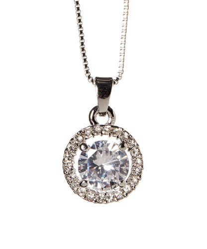 Round Halo Crystal Pendant Necklace in 18K White Gold