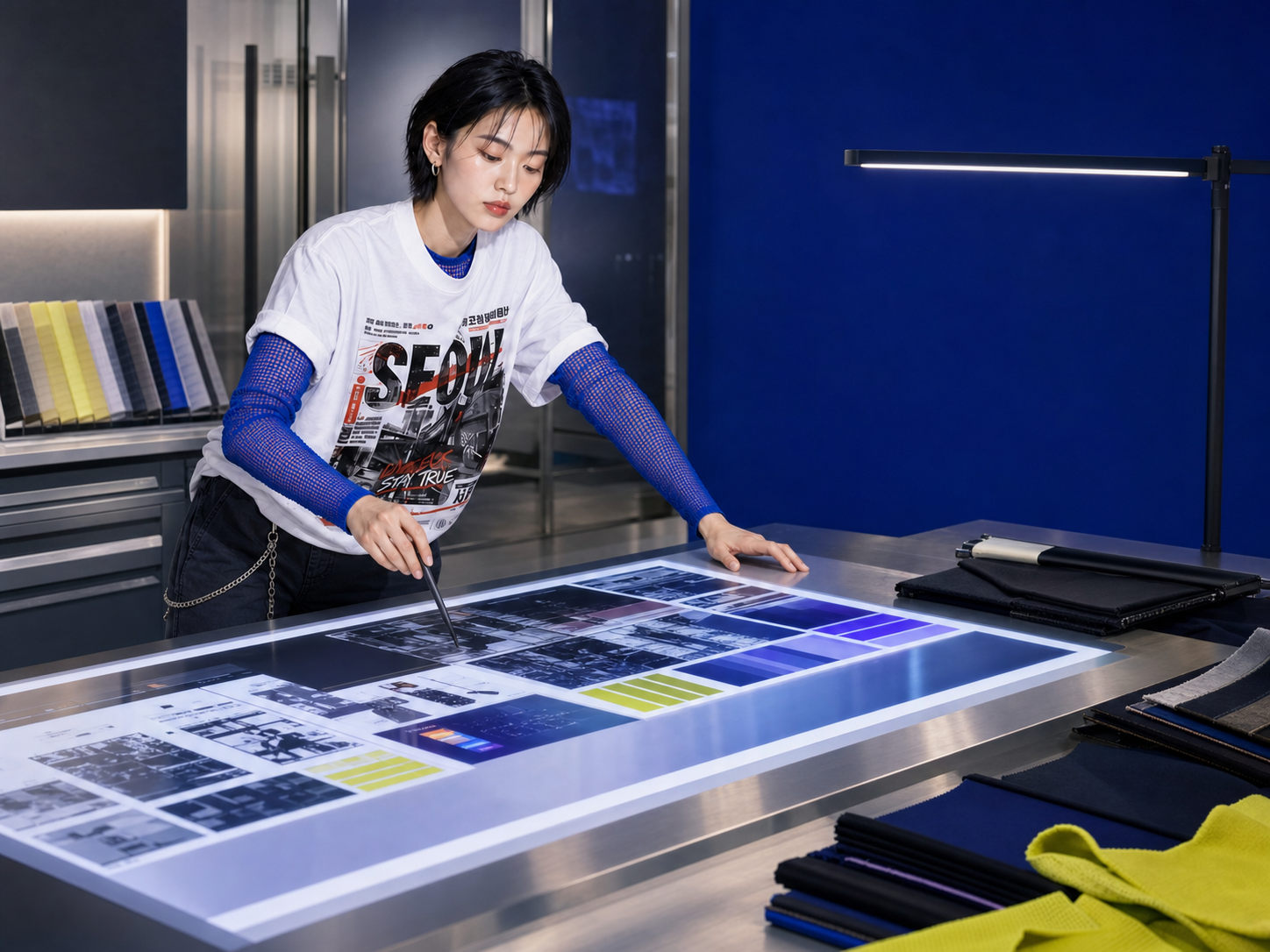 StyleMZ creative director reviewing graphic editions in the Seoul digital design studio