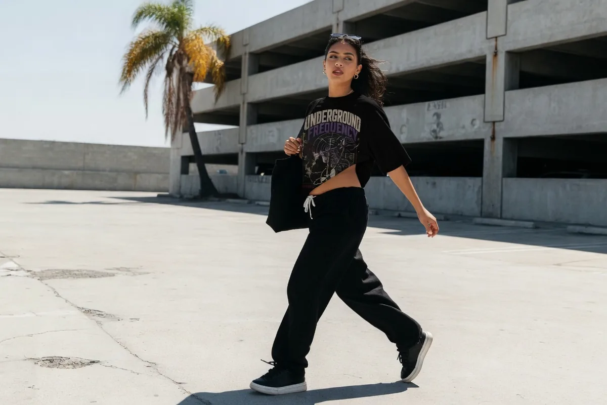 Woman walking a parking deck in the StyleMZ Underground Frequency tee