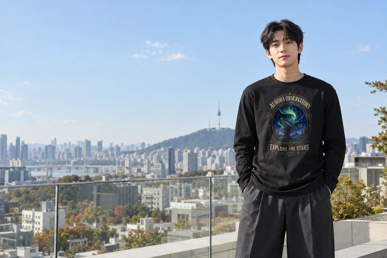 Korean model on a sunlit Seoul rooftop wearing the black StyleMZ Polar Frequency Aurora Observatory long sleeve