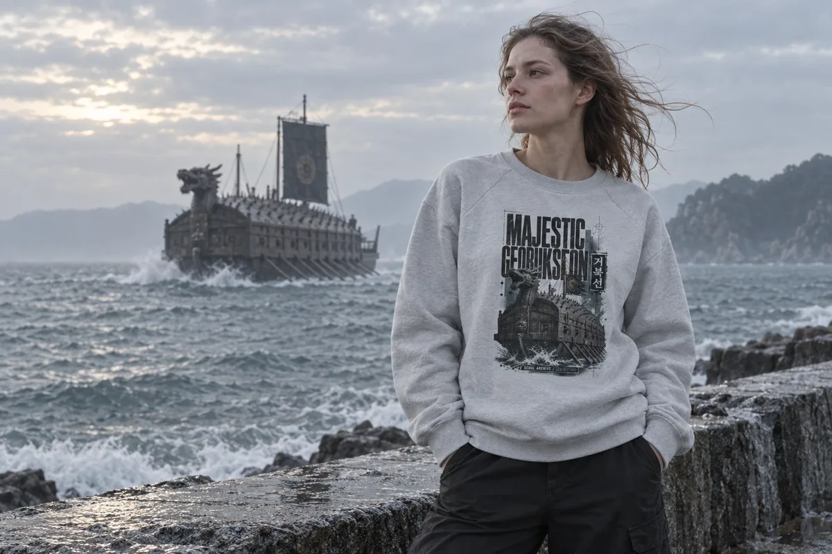Model on a grey seawall at dawn wearing the StyleMZ Admiral Yi Sun-sin Geobukseon sweatshirt, with the turtle ship sailing behind her