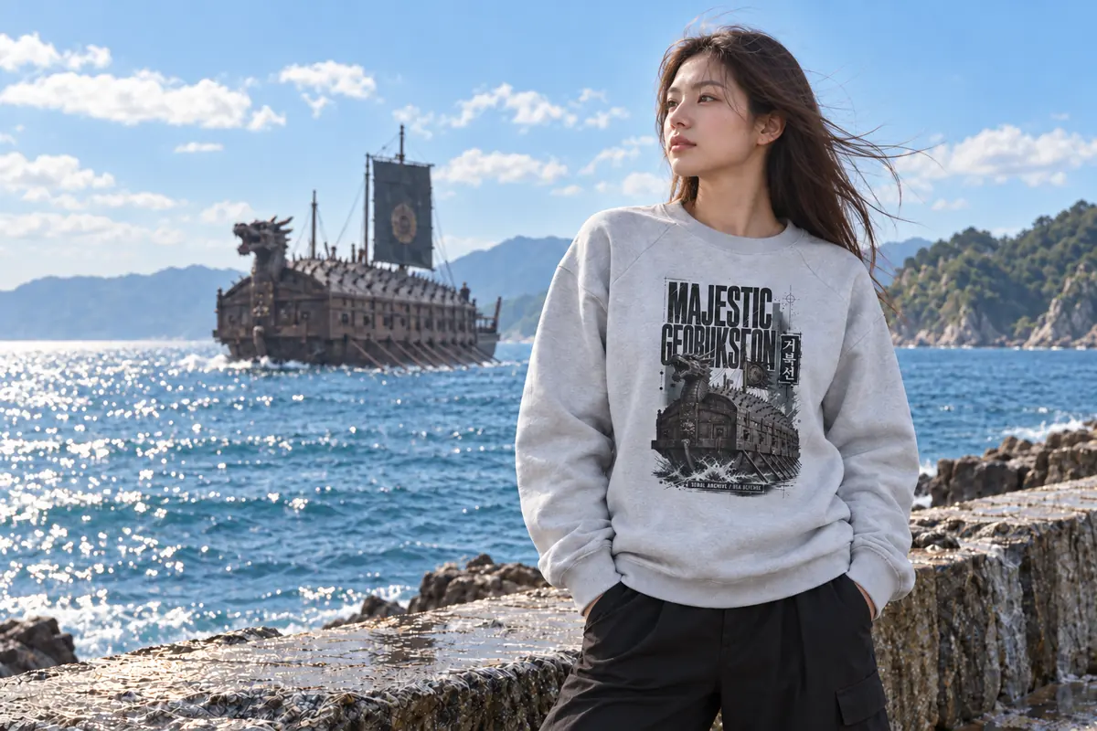 Korean model on a sunlit seawall wearing the StyleMZ Admiral Yi Sun-sin Geobukseon sweatshirt, with the turtle ship on the water behind her