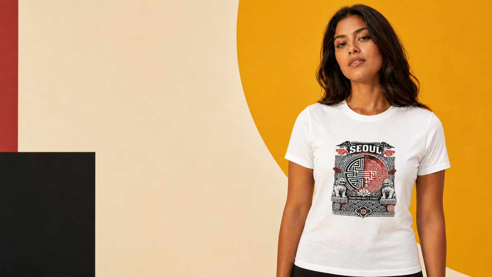 Latina model wearing the Korean Traditional Patterns graphic T-shirt in a StyleMZ campaign visualization