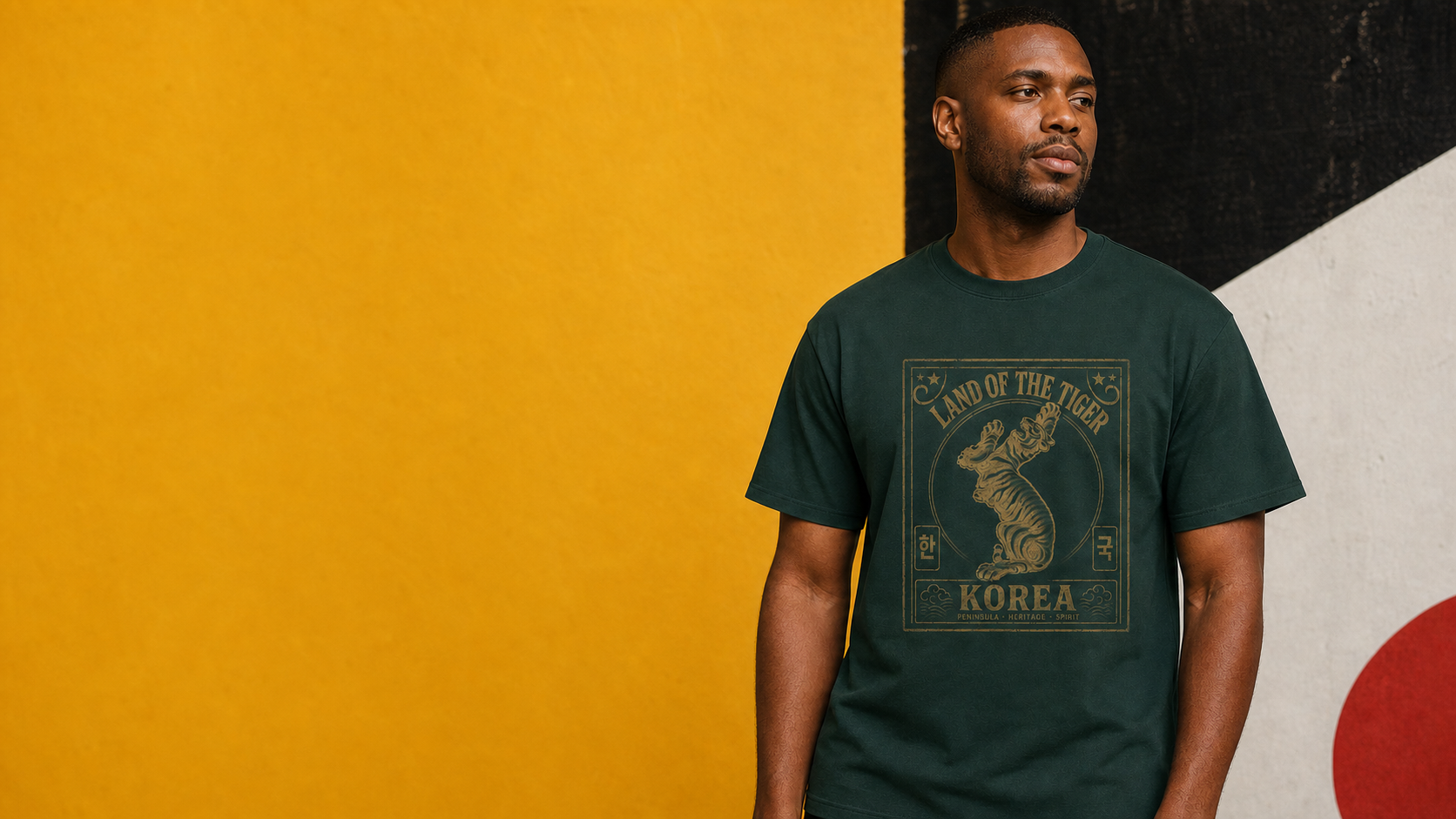 Black model wearing the forest green Land of Tiger graphic T-shirt in a StyleMZ campaign visualization