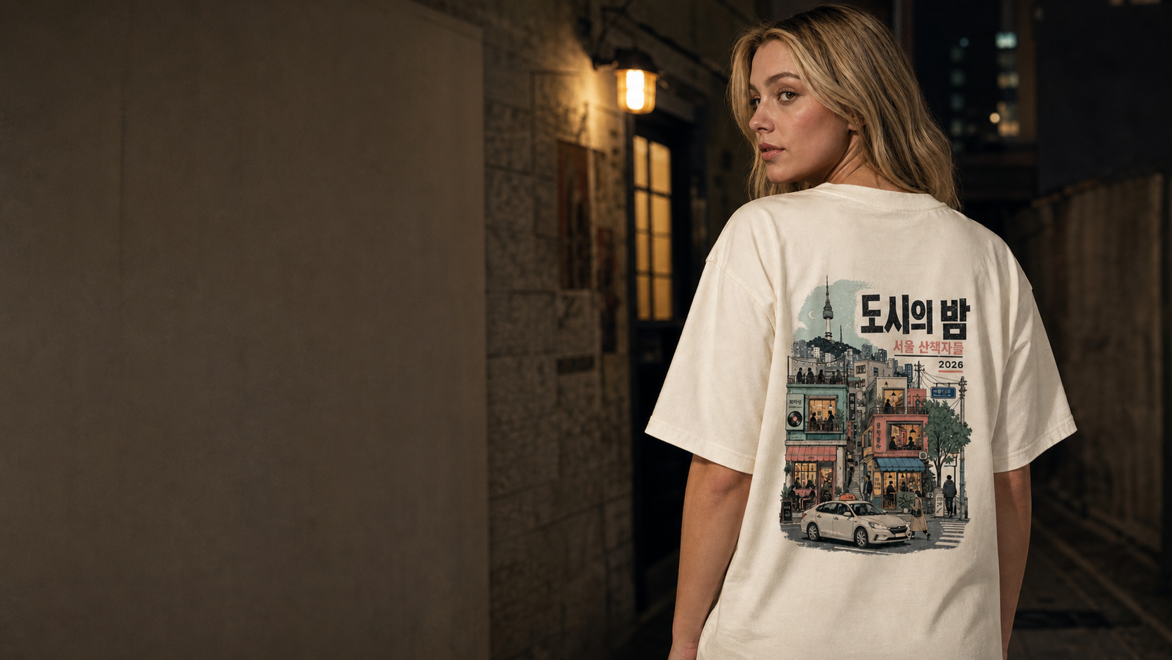White model showing the Night Walkers Seoul back print in an after-dark campaign visualization