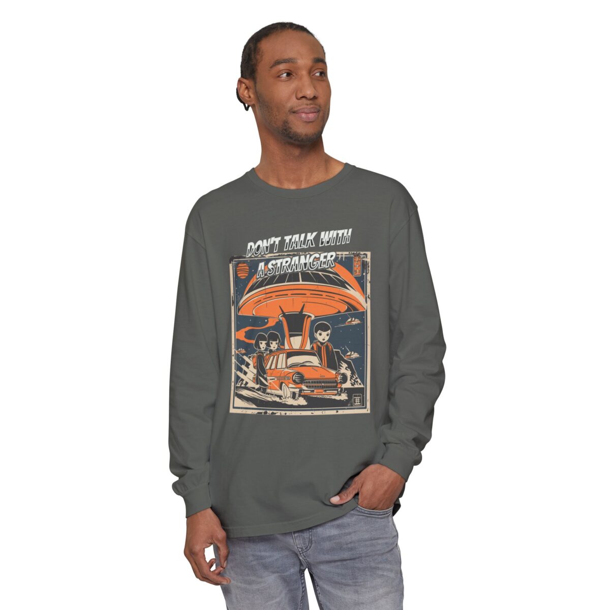 Don't Talk with a Stranger Unisex Garment-dyed Long Sleeve T-Shirt - Image 3