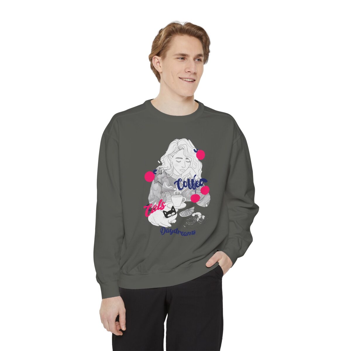Coffee Cats Daydreams Unisex Garment-Dyed Sweatshirt - Image 11