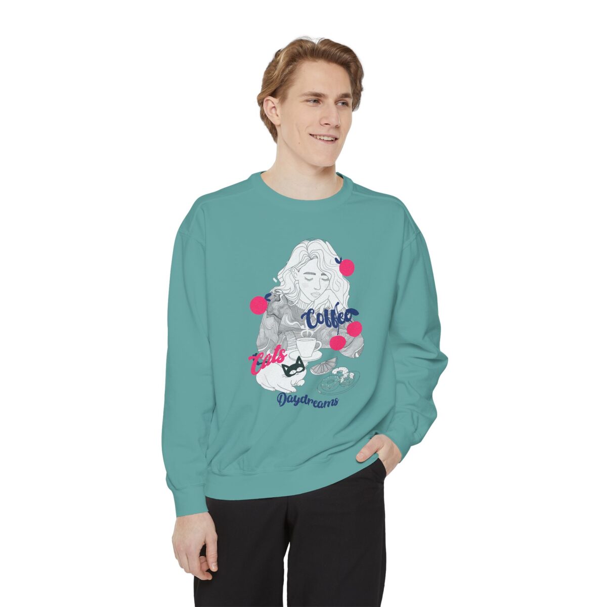 Coffee Cats Daydreams Unisex Garment-Dyed Sweatshirt - Image 3
