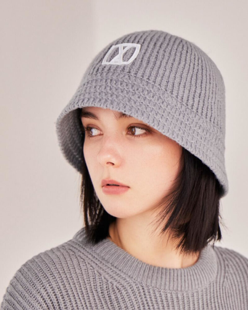 VARZAR VA Square Applique Knit Bucket Hat Gray - Fashion Accessories