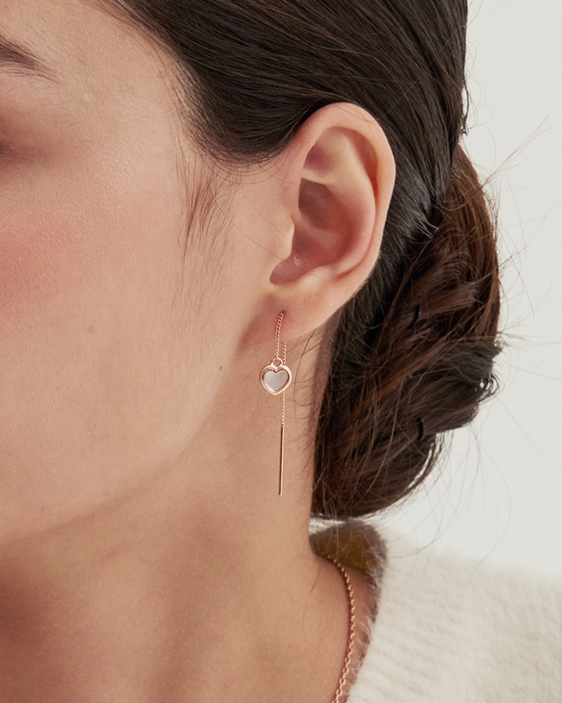Rosy Heart Drop Earrings with Mother-of-Pearl Setting