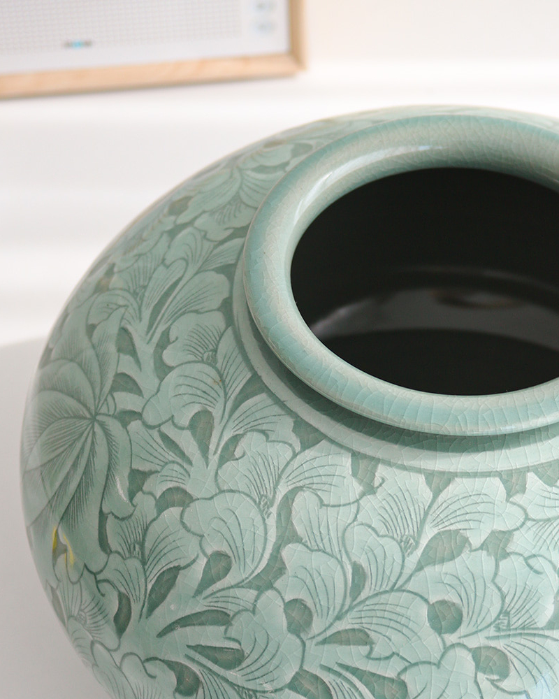 Alternative view of Korean Celadon Arabesque Low Jar - Traditional Goryeo Style