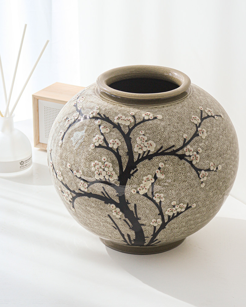 Alternative view of Korean Buncheong Plum Blossom Stamped Pattern Ceramic Jar (Small)