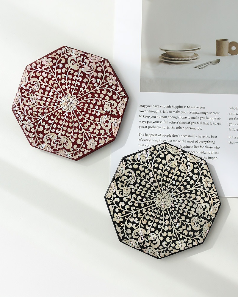 Korean Najeonchilgi Mother of Pearl Octagonal Coaster (Mandarin Duck Arabesque)