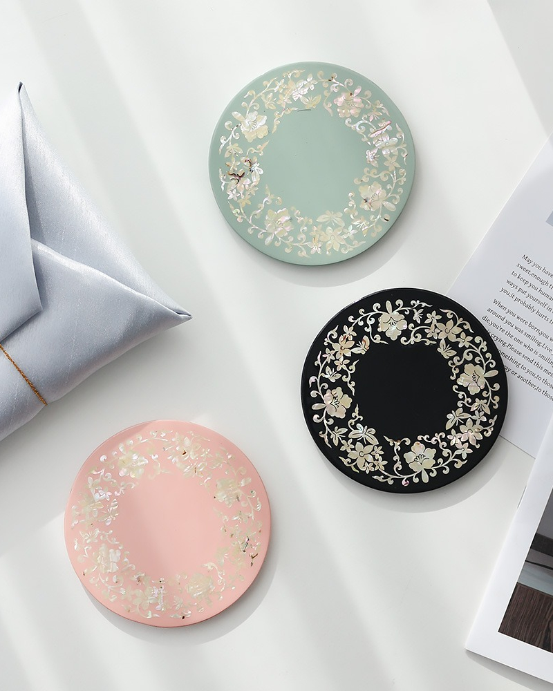 Korean Najeonchilgi Mother of Pearl Round Coaster (Flower Butterfly Arabesque)