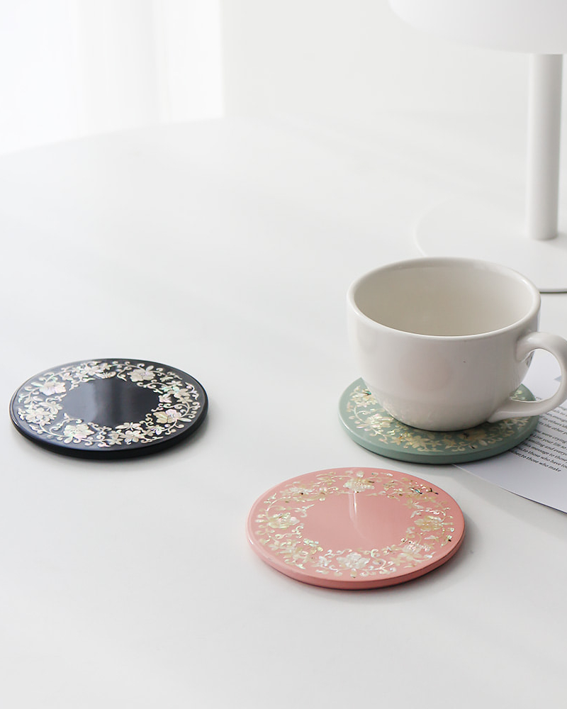 Alternative view of Korean Najeonchilgi Mother of Pearl Round Coaster (Flower Butterfly Arabesque)