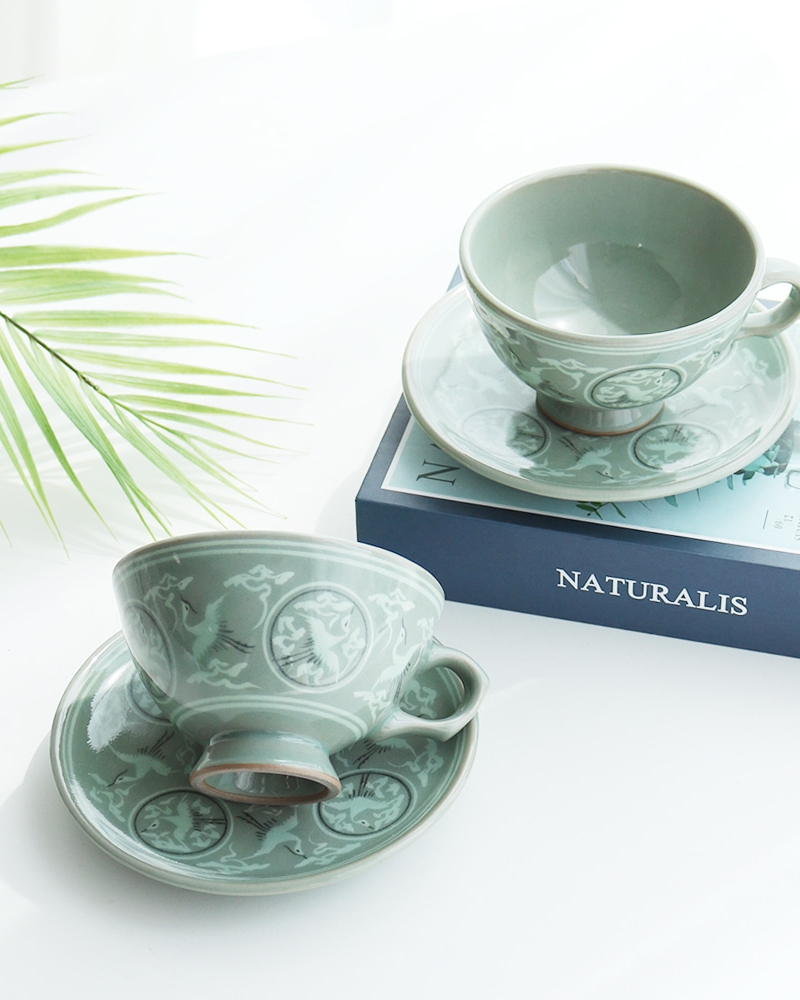 Alternative view of Korean Celadon Coffee Cup Set 2pcs - Crane in Clouds by Master Kim Sung-tae (Songbung)