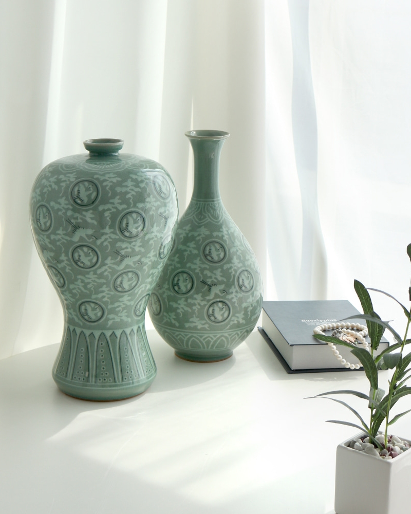 Alternative view of Korean Celadon Crane Cloud Plum Vase Set (Medium D, 36cm) - Traditional Sanggam Inlay