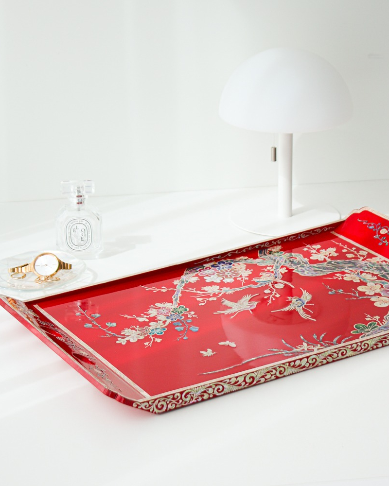 Korean Najeonchilgi Mother of Pearl Plum Blossom Serving Tray with Handles (Large)