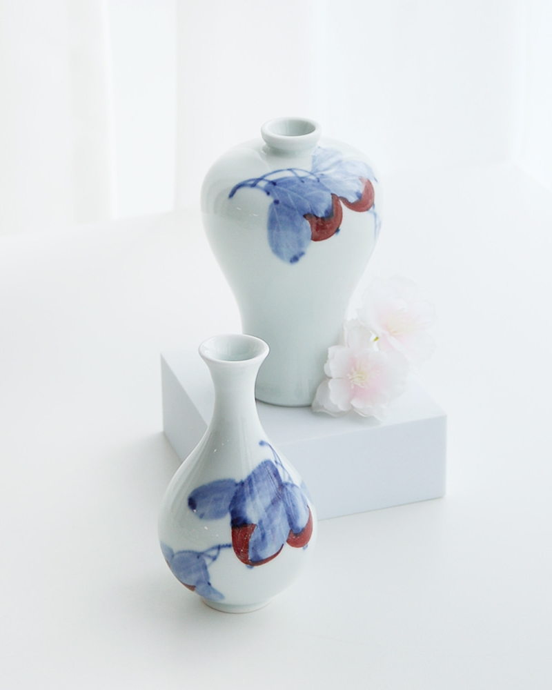 Alternative view of Korean White Porcelain Mini Plum Vase Set (Fruit Pattern) by Master Kim Sung-tae
