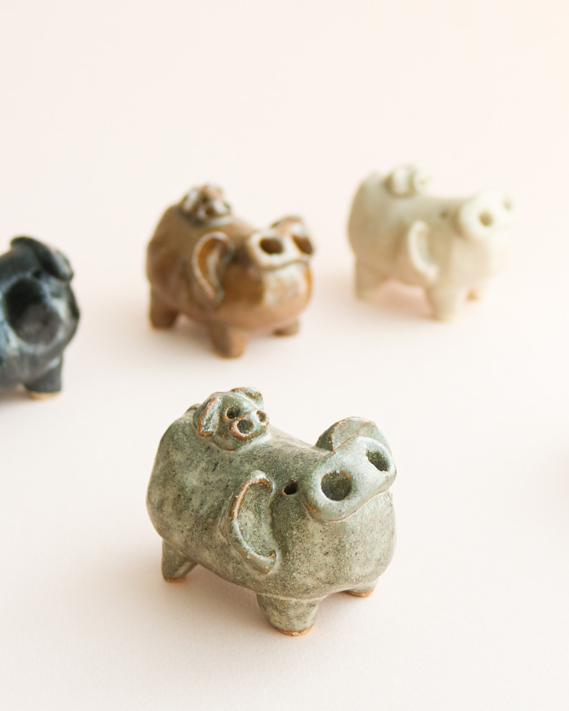 Ceramic Lucky Pig Father and Baby Figurine - Handcrafted Korean Folk Art