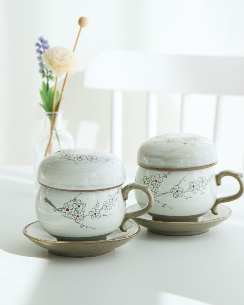 Buncheong White Inlay Plum Blossom Tea Cup Set for One