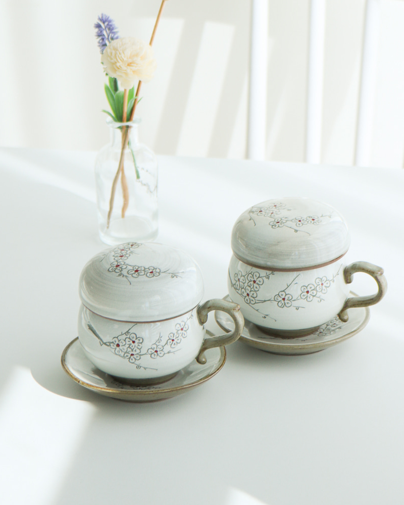 Alternative view of Buncheong White Inlay Plum Blossom Tea Cup Set for One