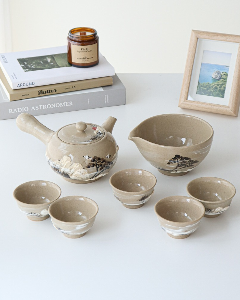 Buncheong Oxidation Tea Set for 5 - Thatched Cottage Snow Landscape by Master Kwon