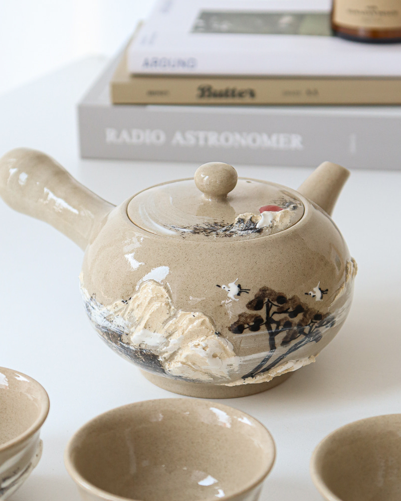 Alternative view of Buncheong Oxidation Tea Set for 5 - Thatched Cottage Snow Landscape by Master Kwon