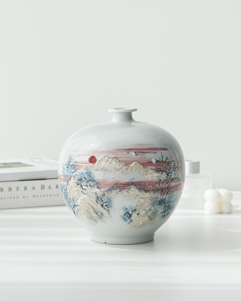 White Porcelain Landscape Haengkko Jar by Master Kwon Oh-hak