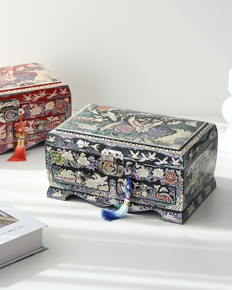 Korean Langjae Najeonchilgi Mother of Pearl Crane Extra Large Drawer Jewelry Box