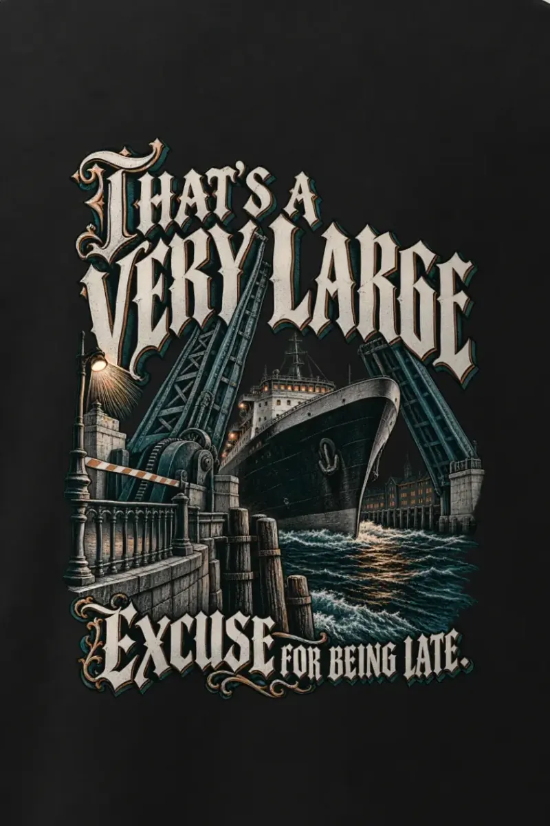 "A Very Large Excuse" Men’s Oversized Heavyweight Crewneck T-Shirt - the graphic up close