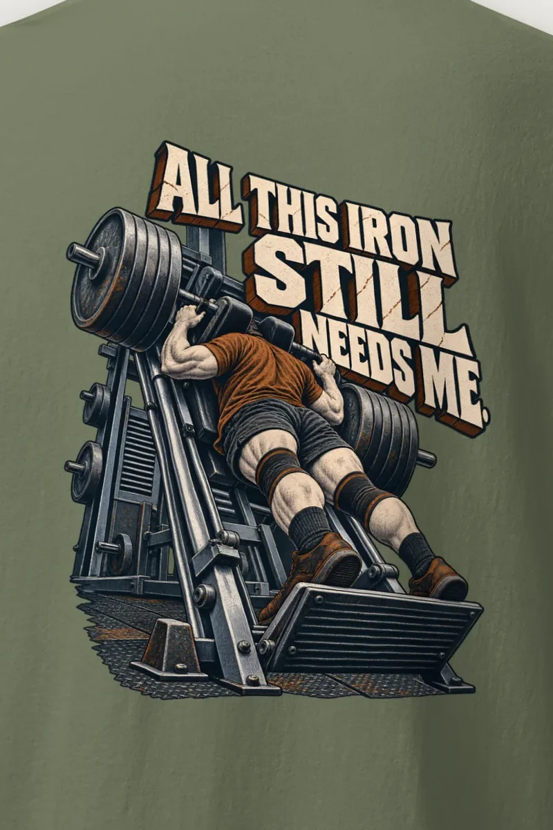 "All This Iron Still Needs Me" Heavyweight Unisex Crewneck T-shirt - the graphic up close